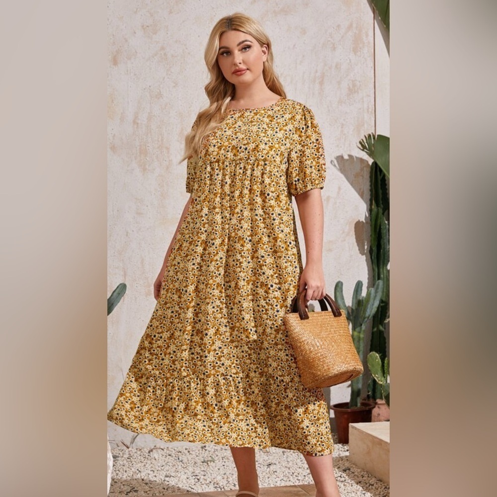 SHEIN Curve Yellow/Blue Floral Ruffle Midi Dress - Size 0XL